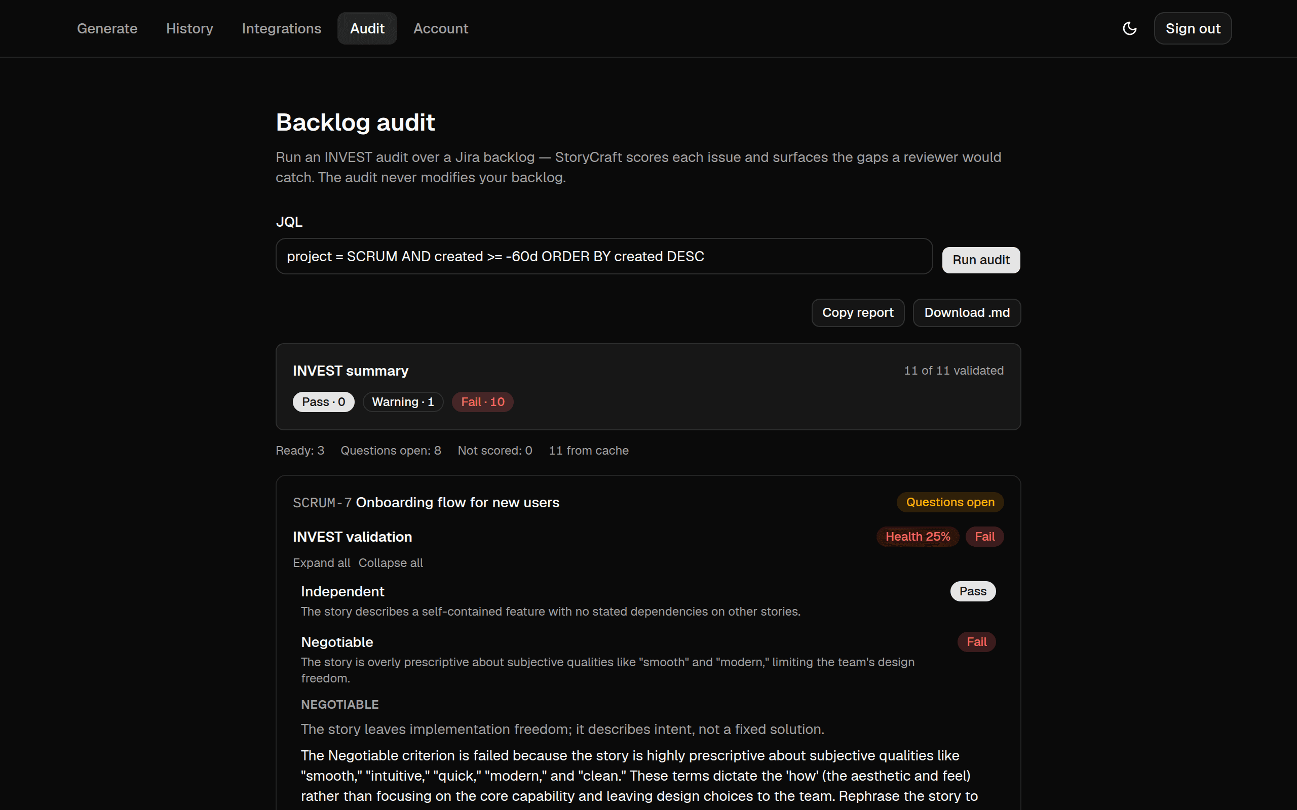 The backlog audit view: a JQL query over a Jira project, an INVEST summary reading 11 of 11 validated with 1 warning and 10 fails, and the first issue — SCRUM-7, Onboarding flow for new users — scored at 25% health with its Negotiable criterion failed for being overly prescriptive.