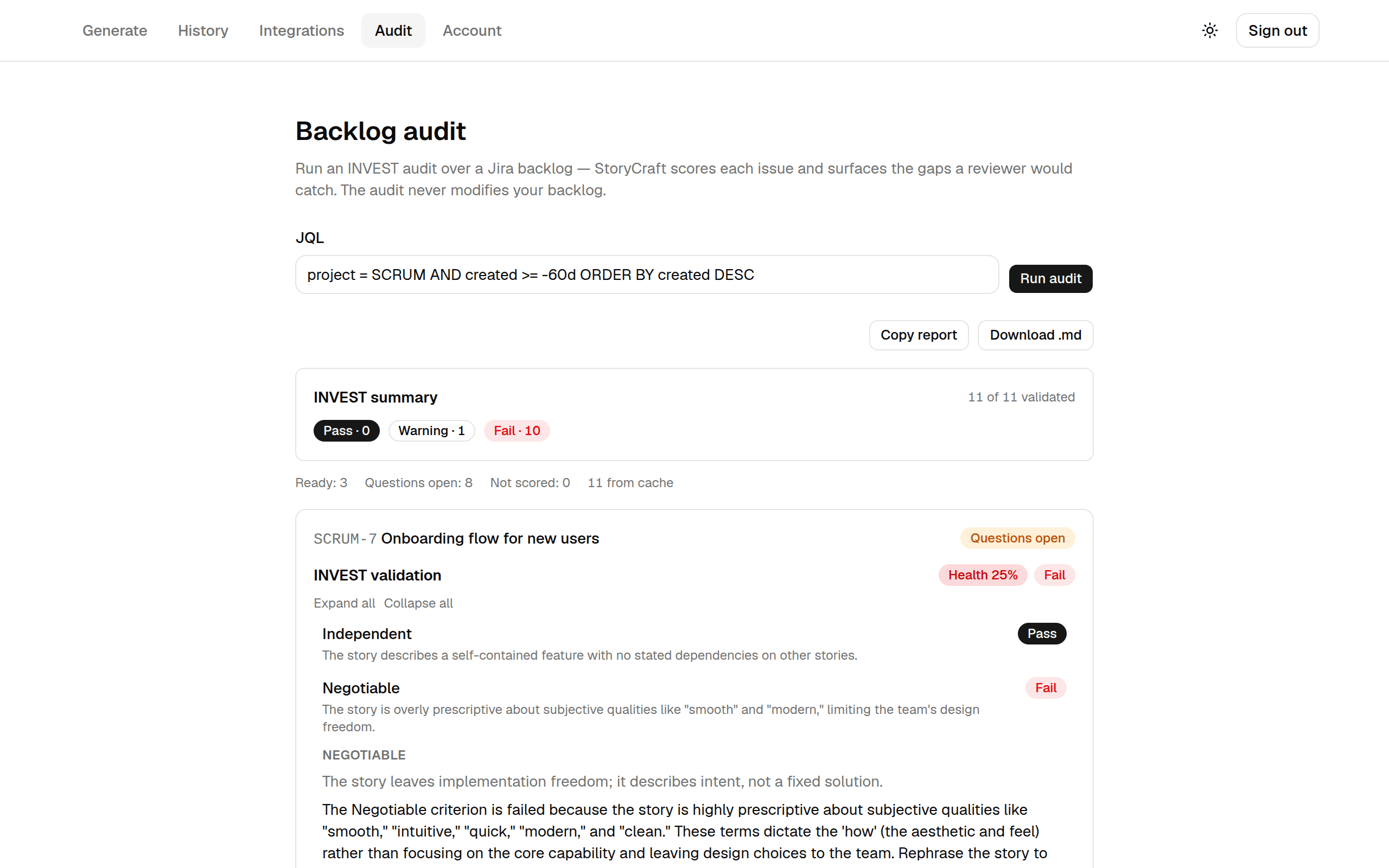The backlog audit view: a JQL query over a Jira project, an INVEST summary reading 11 of 11 validated with 1 warning and 10 fails, and the first issue — SCRUM-7, Onboarding flow for new users — scored at 25% health with its Negotiable criterion failed for being overly prescriptive.